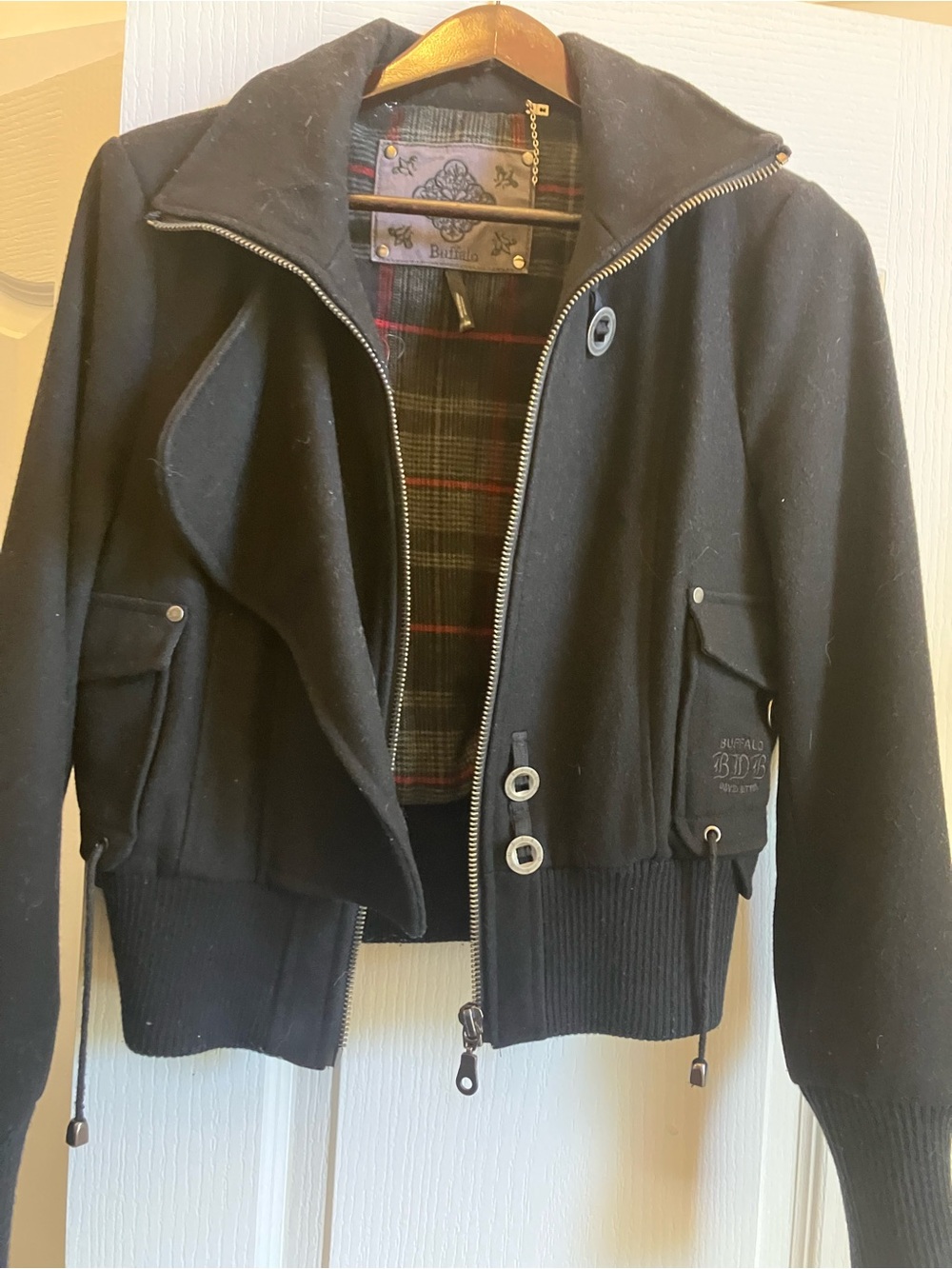 Buffalo David Bitton Black Bomber Jacket with Plaid Lining
